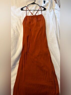 Lulu's Rust Orange Maxi Slip Dress with Crossback Straps